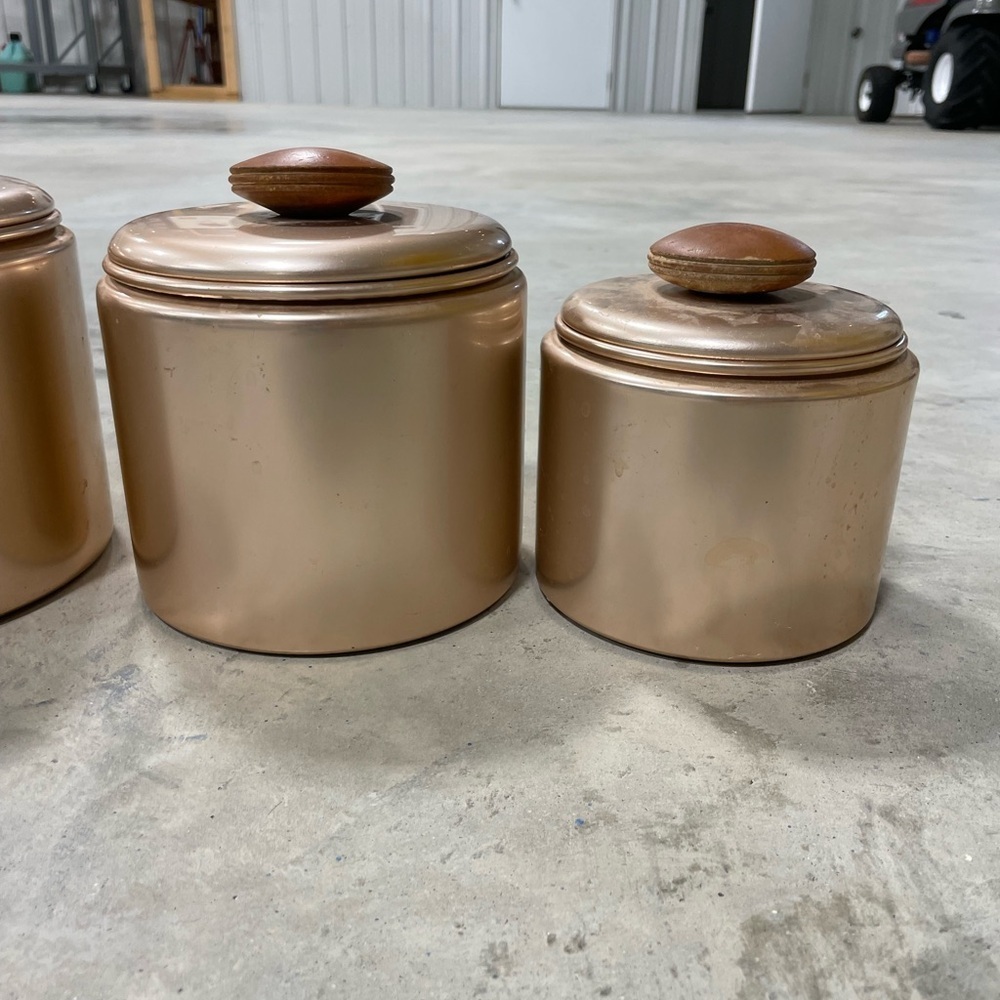 Vintage Mirro Aluminum Rose Gold Copper Canister Set of 3 Nesting MCM Wood Knob - Picture 3 of 7